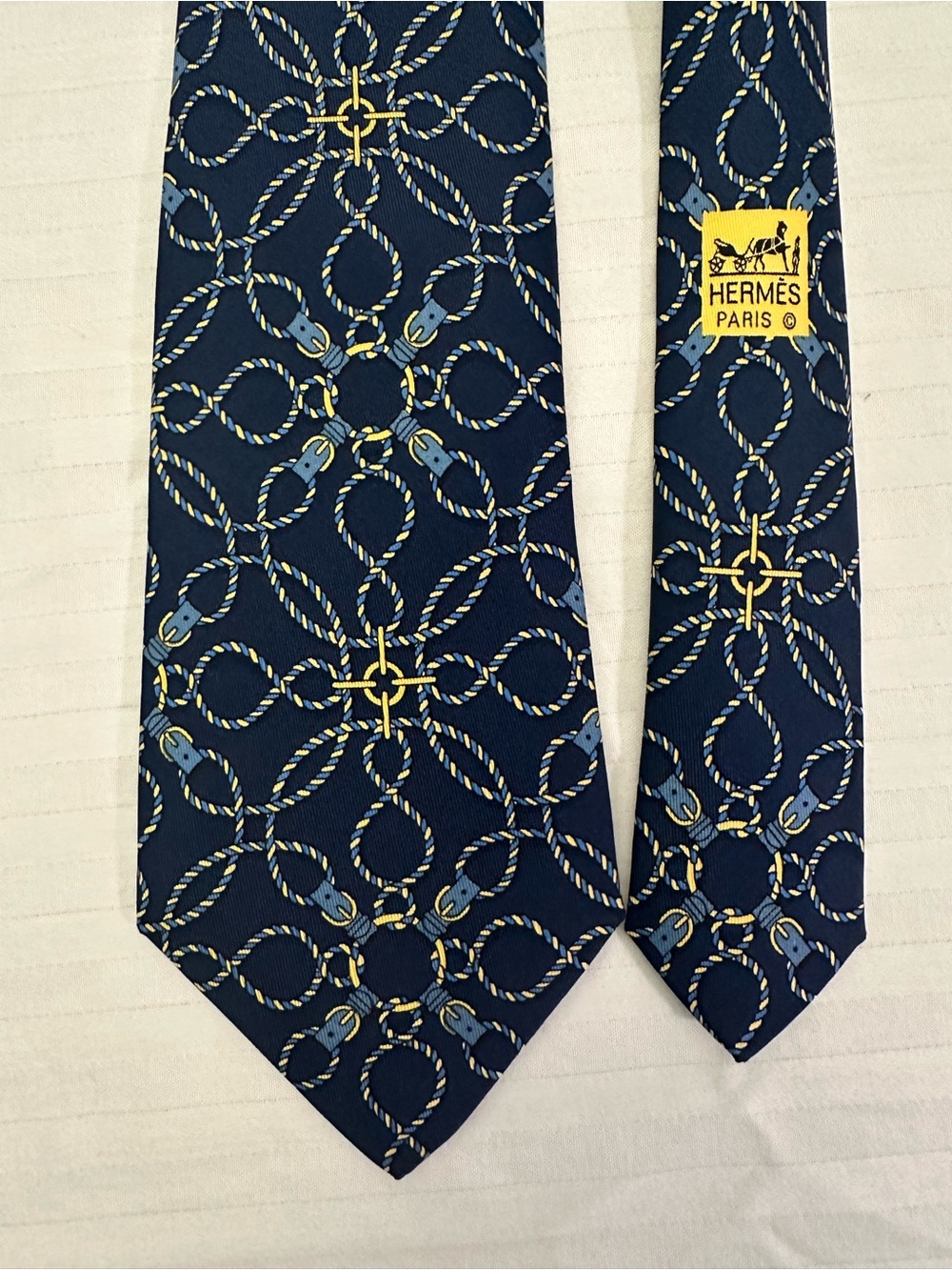 Hermès Silk Tie Navy Gold Chain Rope Pattern Classic France